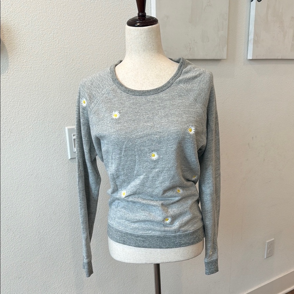 Grey Crewneck Sweater with Daisy Embroidery